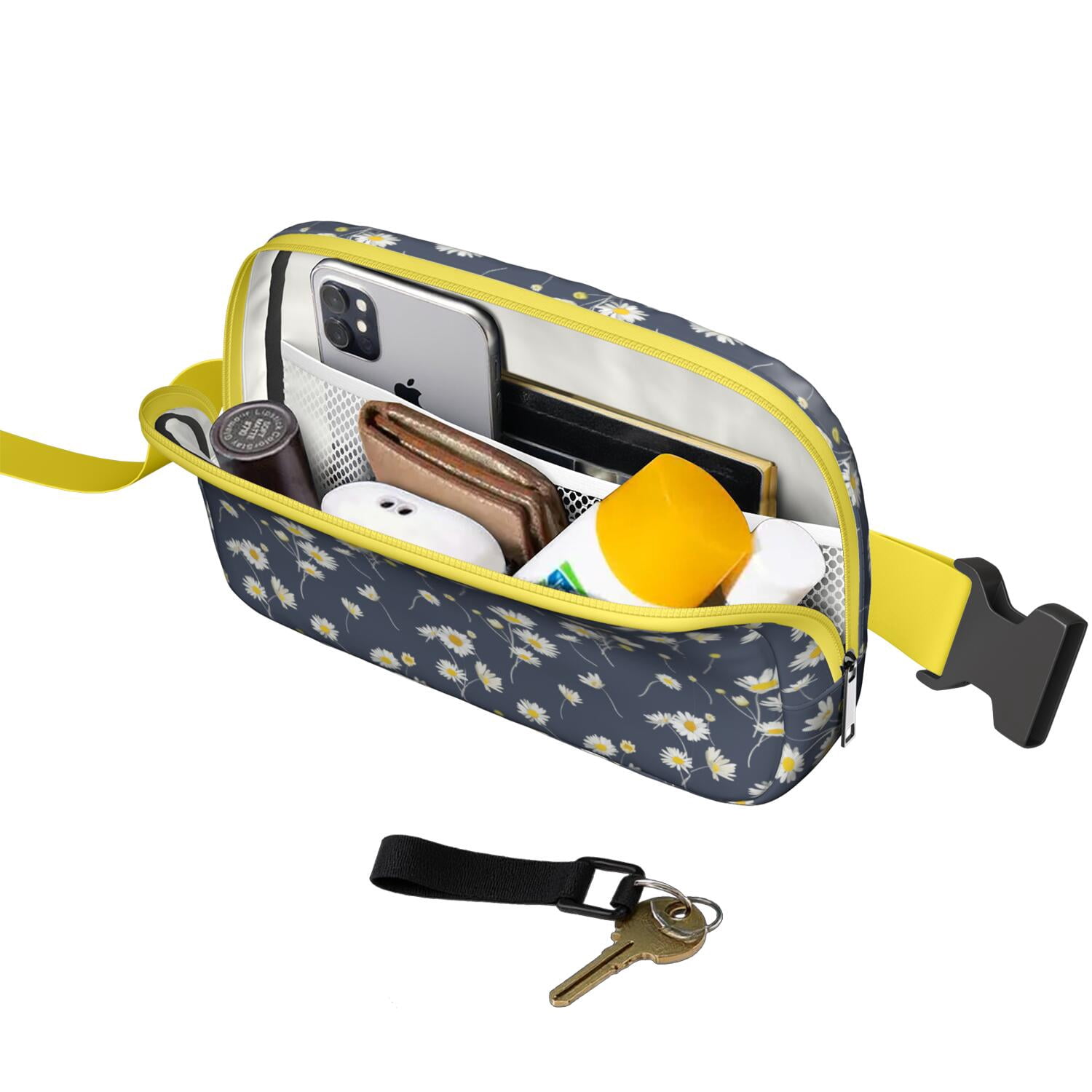Retro Daisy Print Waist Bag – Boho Floral Fanny Pack with White & Yellow Bloom Design, Perfect for Sunny Outdoor Adventures