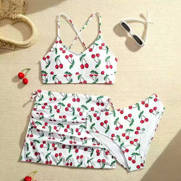 YMNXA Big Kids Girls 3 Piece Swimsuits Sleeveless Suspenders Cherry Print Bikinis Sets Comfortable Fashion Swimwear For Holiday Vacation Beach Pink 10-11 Years