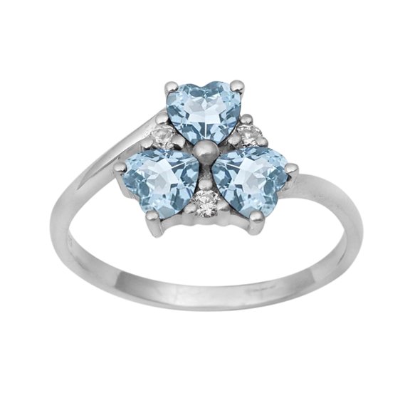 Three Stone 4 MM Blue Topaz 925 Sterling Silver Women Heart Valentines Day Gifts Ring