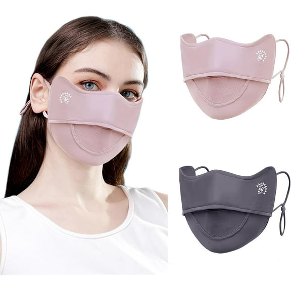 2Pcs UV Face Mask, Sun Masks for Women, Cooling Breathable Face Cover for Outdoors, Washable Reusable (Pink Gray)