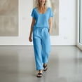 thumbnail image 5 of Work Sets for Women Women's Summer Travel Outfits Linen Casual Round-Neck Short Sleeved Top Wide Leg Cargo Work Pants Sets for Beach Vacation Sky Blue XXL, 5 of 9
