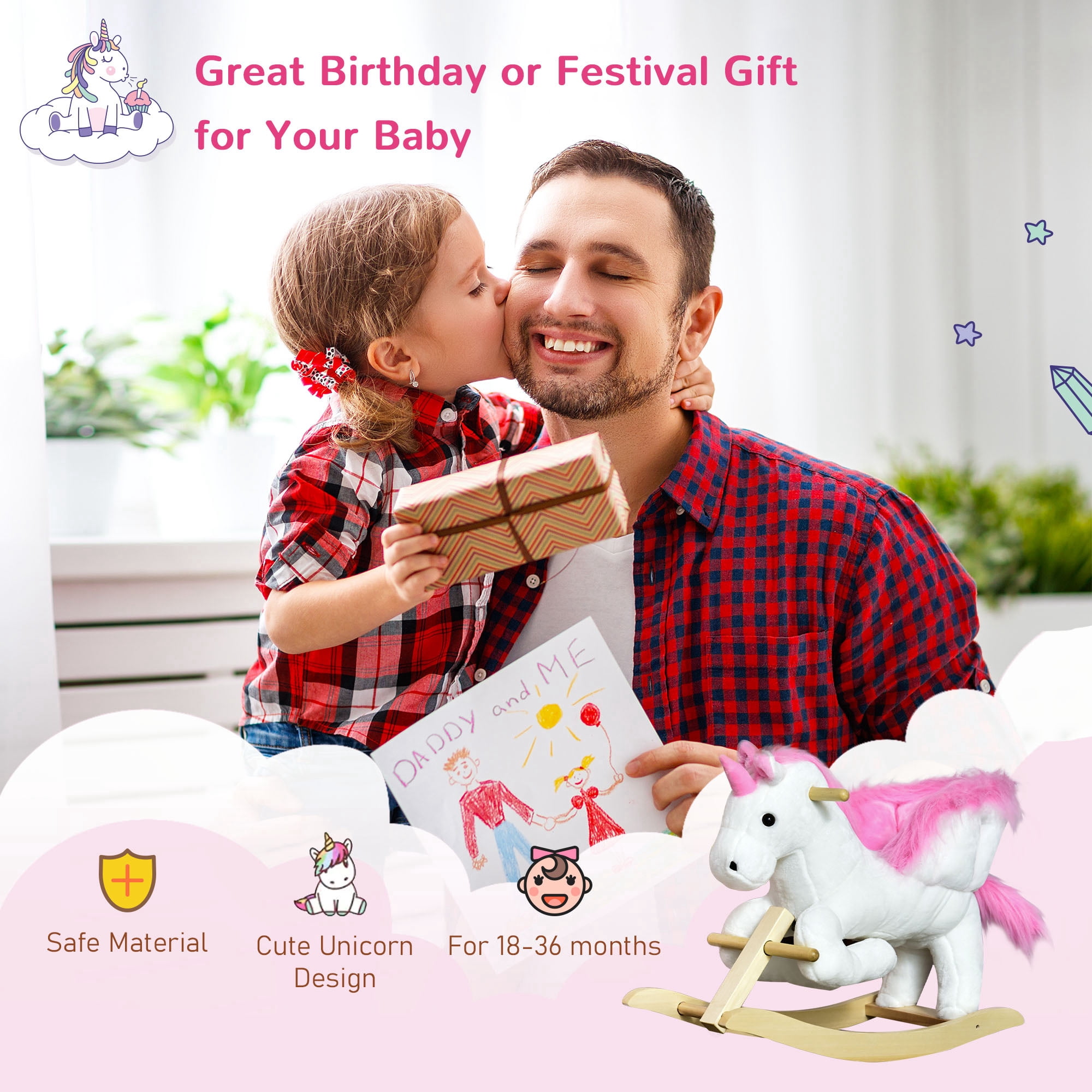Plush Unicorn Rocking Horse, Cotton Candy Pink Crystal White with Sing-Along Song, ASTM F963/CPSIA Certified, 110 lbs Capacity for 18-36 Months Indoor Play