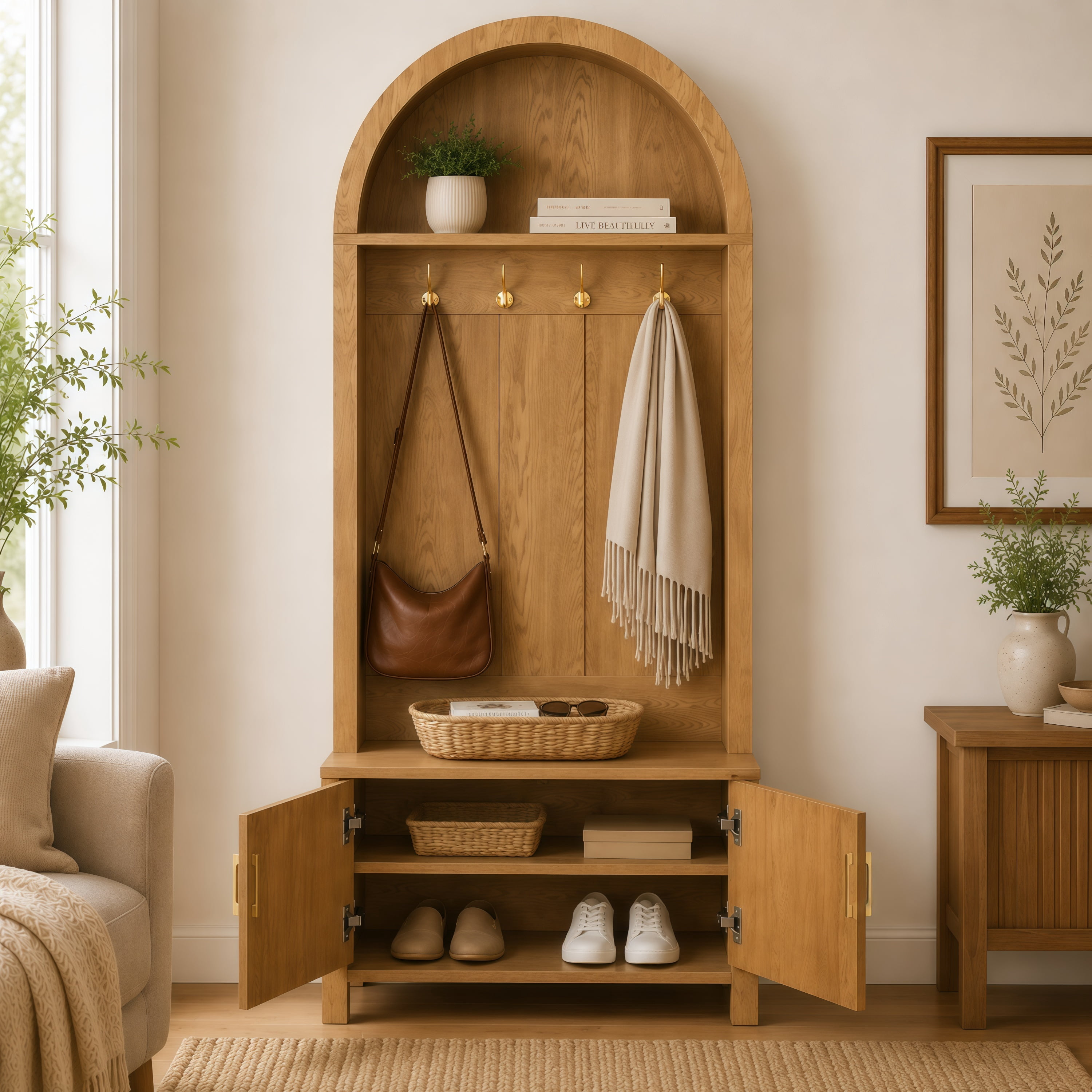 Arched Top Hall Tree with Bench and Shoe Storage,mudroom bench with storage,70.3"Arch Coat Rack with 4 Metal Hooks and 2 Fluted Doors, Organizer for Mudroom, Entryway, Hallway