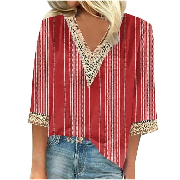 SHE IS Womens 3/4 Sleeve Tops, Long Sleeve Shirts for Women Black Womens Tops Black and White Stripe Lace Blouses for Women Dressy Casual Sexy Womens Tunic Tops Dressy Casual Boho