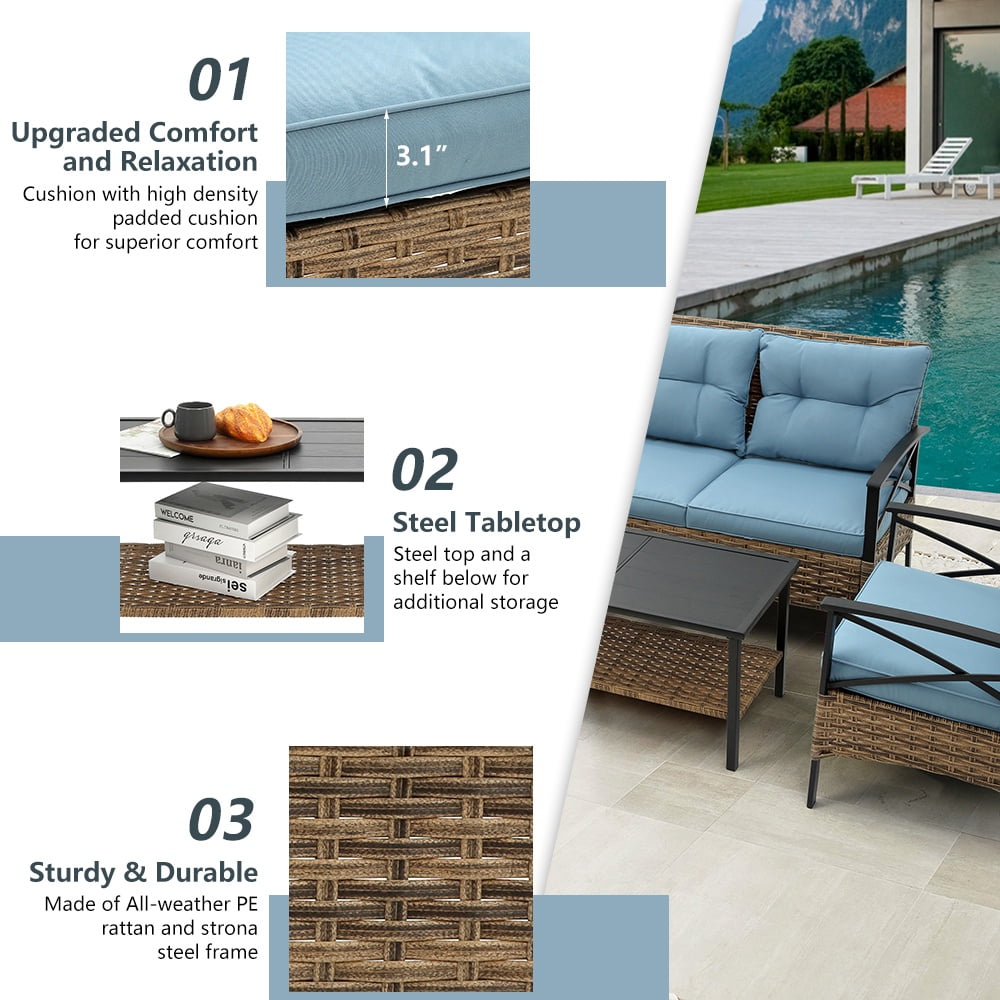 Patio Sofa Set, 4 Pieces Outdoor Sectional Furniture, All-Weather PE Rattan Wicker Patio Conversation Set, Cushioned Sofa Set with Coffee Table for Patio Garden Poolside Deck