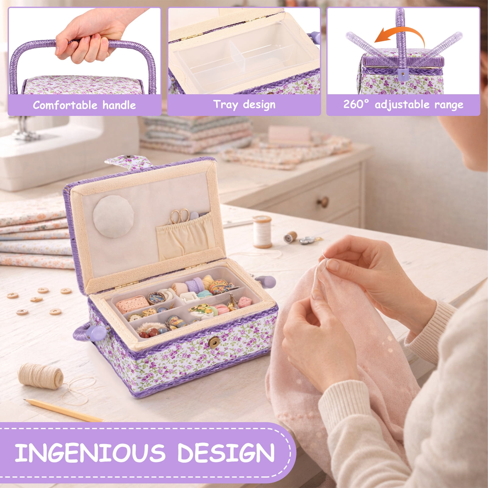 Atopoler Floral Sewing Basket,Vintage Wood Sewing Box with Tray and Handle for Traveling Beginner Professional,No Accessories,Purple Color