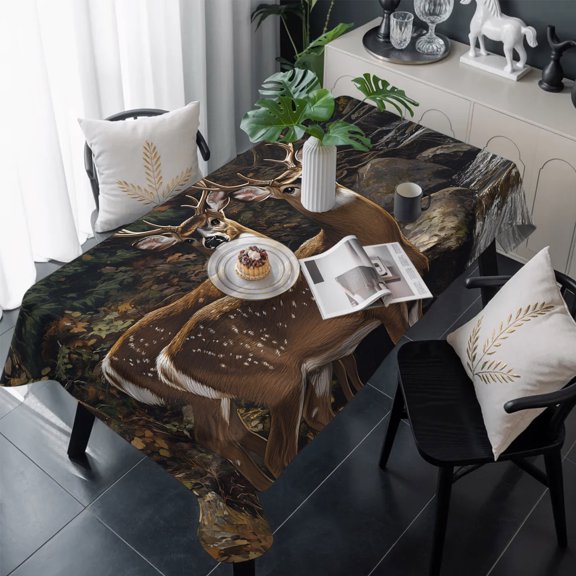 Forest Deer Table Cloth Waterproof Tablecloths, Farmhouse Vintage River Elk Tablecloth Dining Table Cover for Kitchen Party Tabletop Outdoor, Rectangle Tablecloth 60x120 Inch