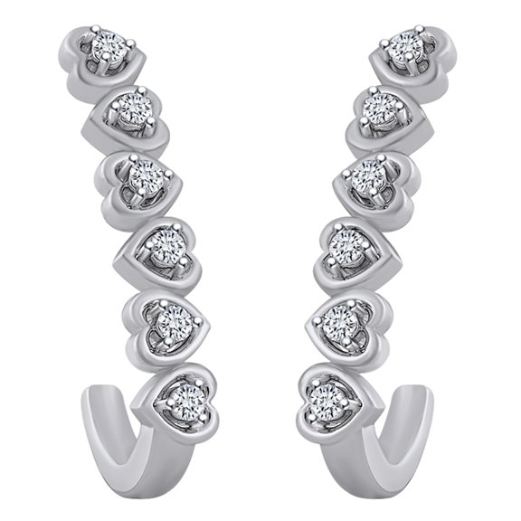 AFFY 0.1 Carat (cttw) Round Shape White Natural Diamond J Heart Hoop Earrings 10k Solid White Gold