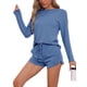 thumbnail image 4 of Conjunto de pijamas para mujer INSPIRE CHIC de manga larga, con cintura elástica, parte superior y pantalones cortos, conjunto de ropa de casa con bolsillos, talla M, azul oscuro, 4 of 6
