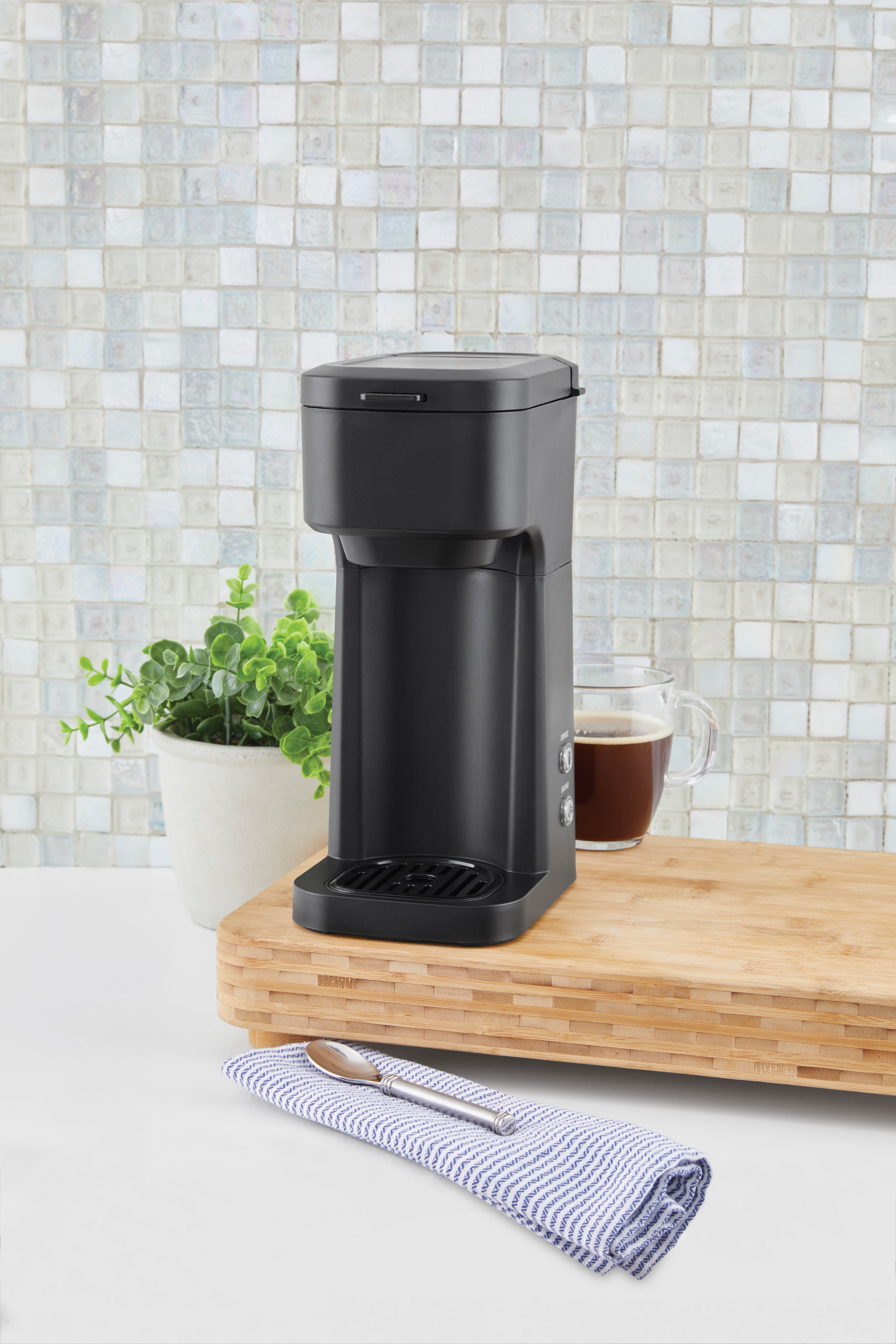 Mainstays Black Matte Dual Brew Coffee Maker, Single Serve, Auto Shutoff, 14 oz Reservoir