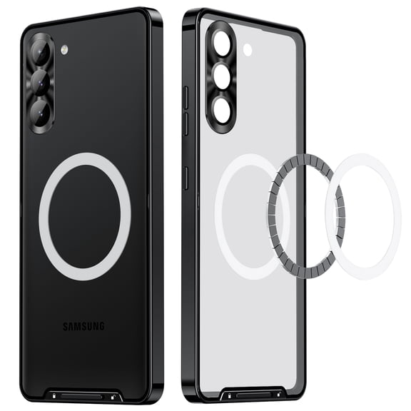 Metal Magnetic Case for Samsung Galaxy S21 [Compatible With Magsafe Ring & Safety Lock] [Metal Frame Bumper] [Integrated Camera Lens Protector] Shock-Absorb Case, Transparent Back Cover, Black