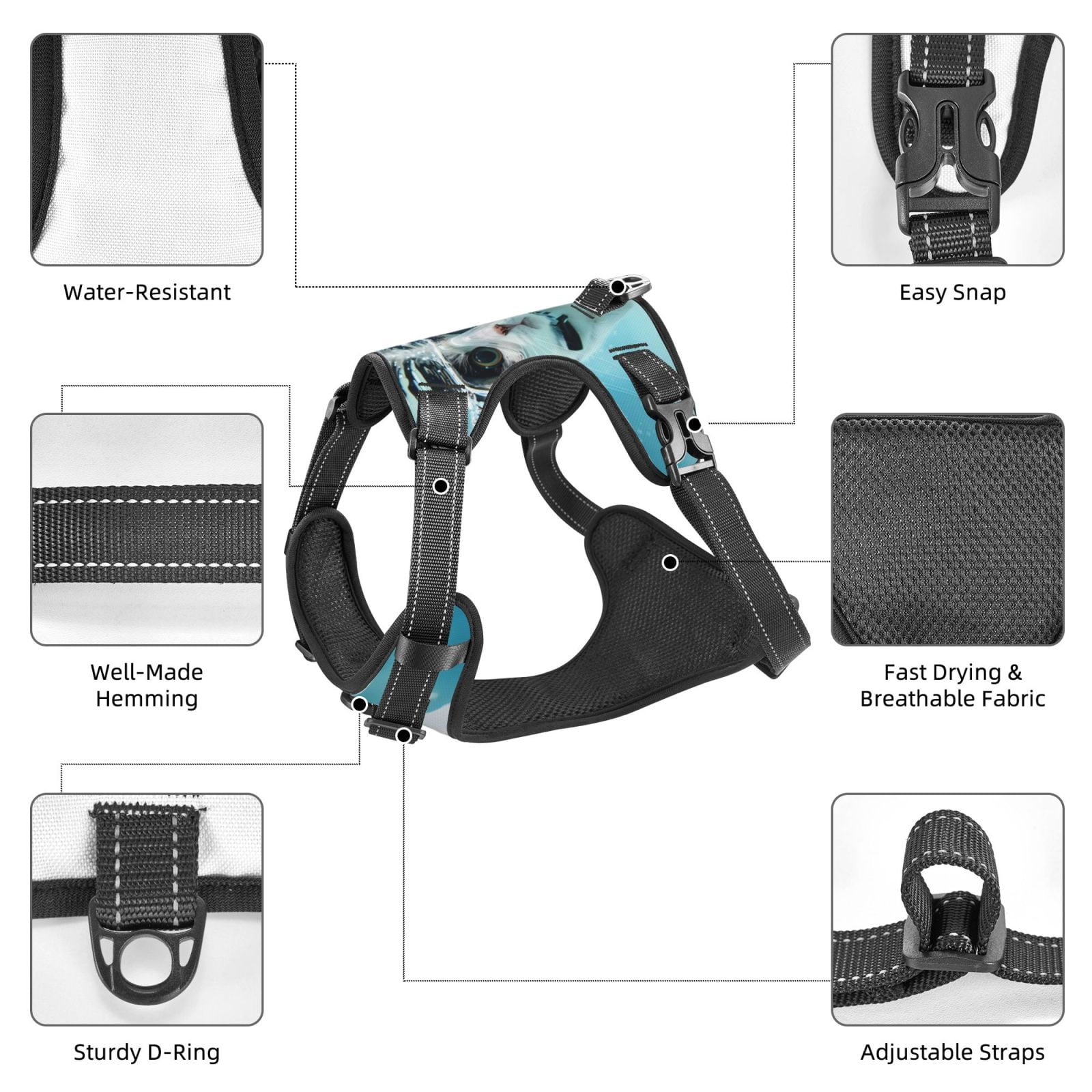 Fuzoiu Swimming Cat Goggles Print Reflective Dog Harness,Adjustable, Breathable Pet Vest,Dog Harness No Pull,No Choke Pet Vest for Small, Medium, and Large Dogs-Medium