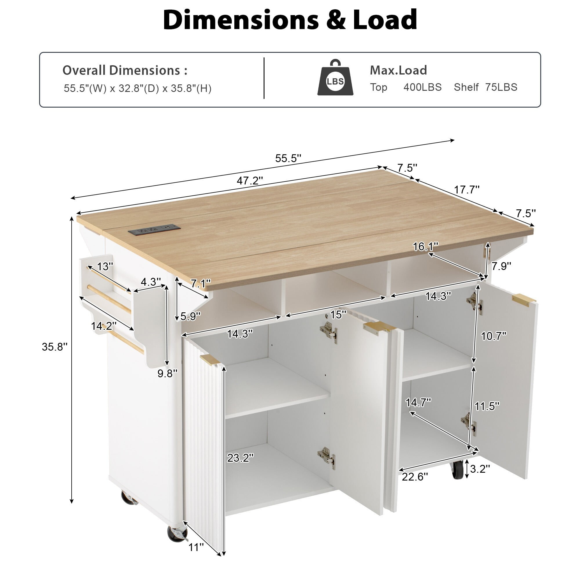 AENKYO 55" Kitchen Island with Drop Leaf & Charging Station, Mobile Storage Serving Cart with Wheels, White