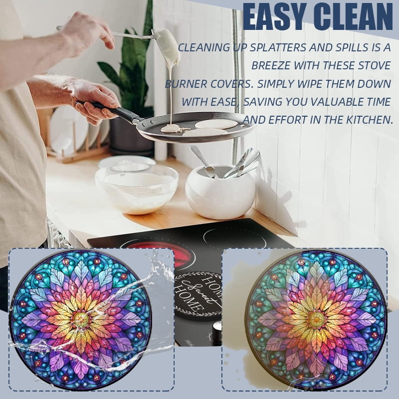 Round Stove Burner Covers for Electric Stove, Mystery Colorful Floral Mandala Decorative Electric Range Burner Covers Set of 4 for Kitchen, 8 Inches and 10 Inches