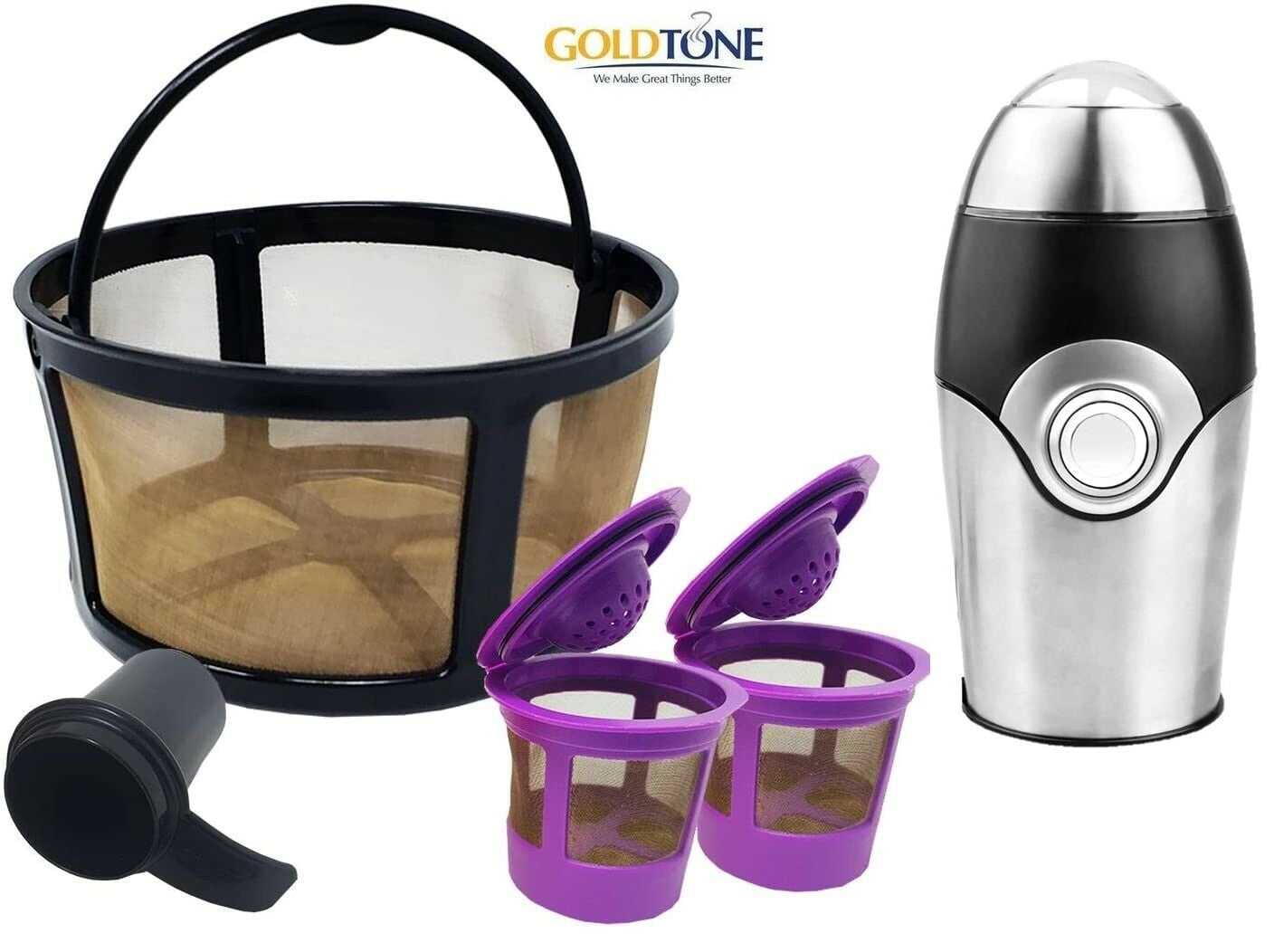 GoldTone Reusable Coffee Filter for KEURIG Essentials & K-Duo Makers w/ 2 K-Cups, Free Scooper, and Powerful Automatic Grinder