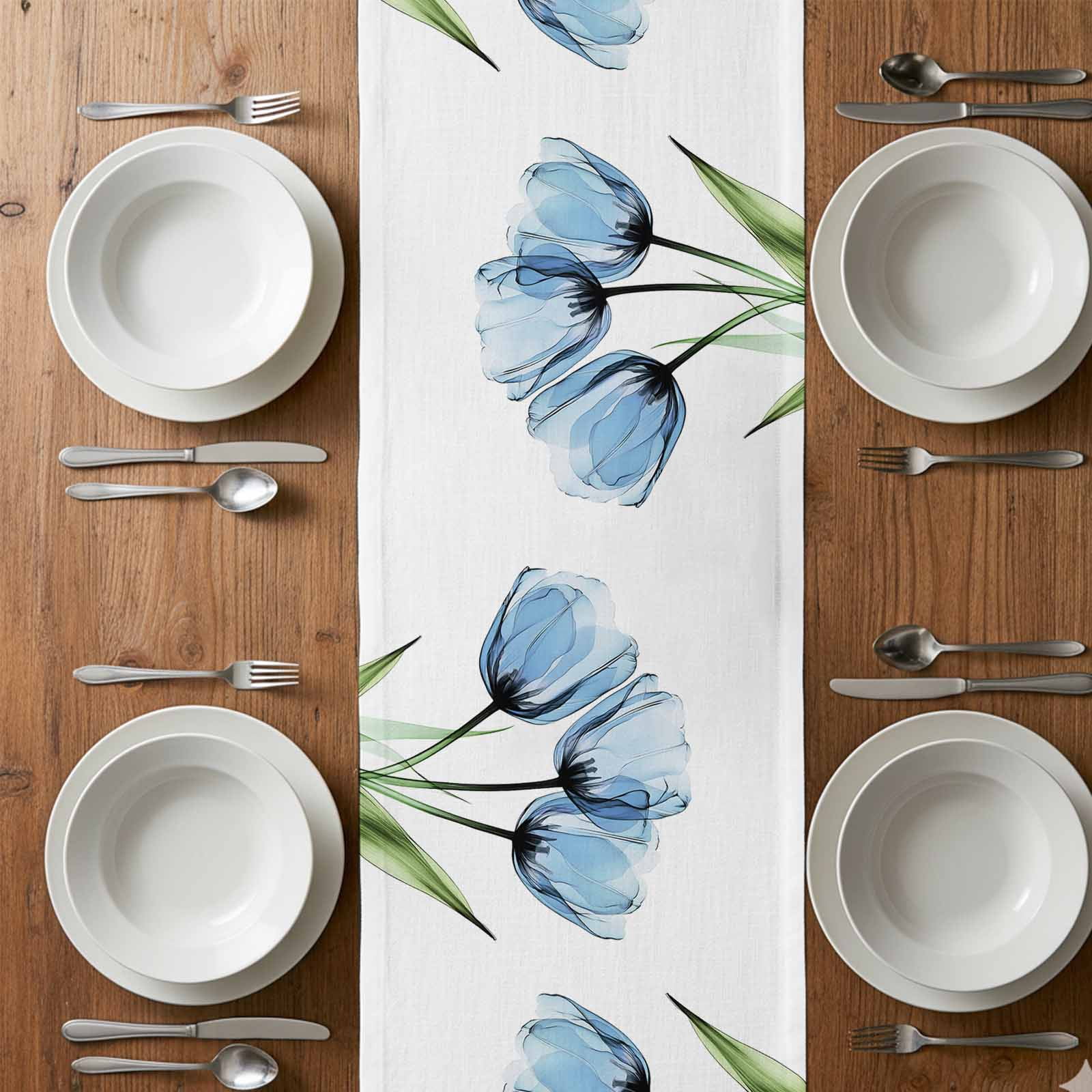 Blue Tulip Table Runner 108 Inches Long Country Flower Farmhouse Table Runners for Dining Room Tabletop Dresser Scarf Home Party Banquet Wedding Holiday Decoration