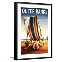 Art.com Outer Banks, North Carolina - Beach Chair and Ball Art Print by Lantern Press, Black Frame Wall Art, 21" x 29"