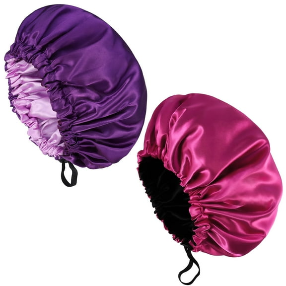 2 Pcs Double Layer Waterproof Silk Bonnet,Adjustable Satin Hair Night Caps,Head Wraps for Women Sleeping Shower Long Hair,Curly Hair(Dark Purple,Rose Red)