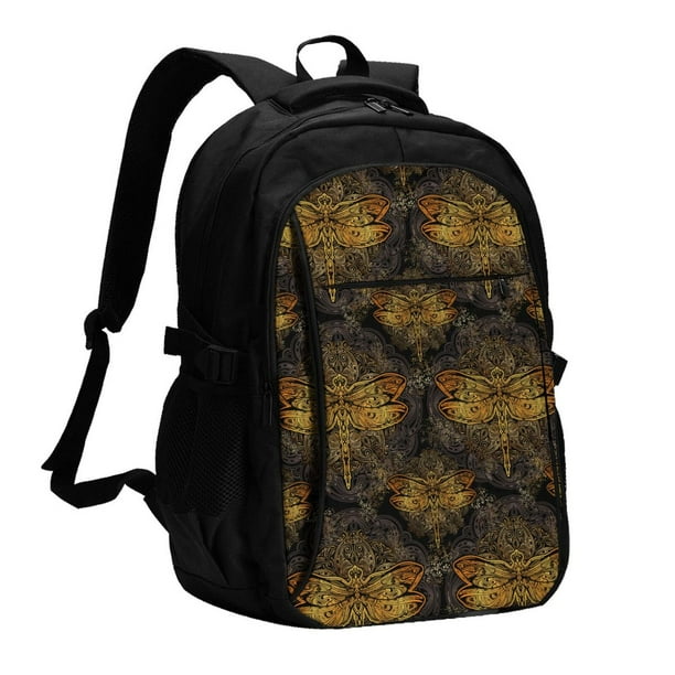 Balery Gold Dragonfly Mandala Mochila con carga USB para hombre y mujer - Mochila impermeable y antirrobo para laptop con puerto USB para viajes, trabajo