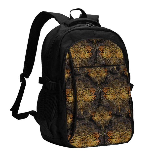 Easygdp Gold Dragonfly Mandala Mochila para Laptop de Viaje con Puerto USB, Mochila para Laptop con Puerto de Carga USB para Mujeres y Hombres