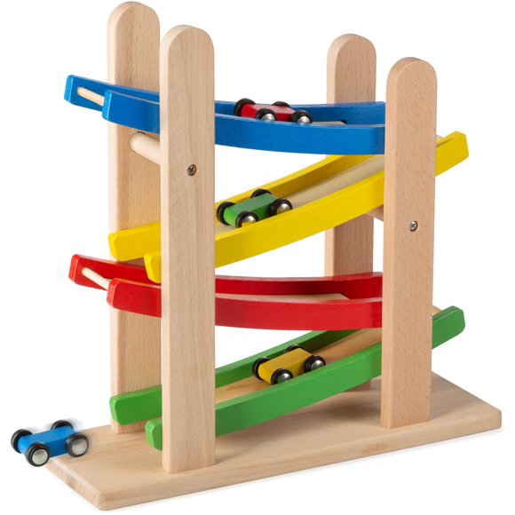 Rampas de madera para coches Race Play22 con pista de carreras de 4 niveles y 4 coches
