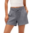 thumbnail image 3 of Women's High Waisted Linen Blend Shorts, Flowy Elastic Waist with Pockets for Tummy Control, Summer Casual Beach Lounge Wear Gray L, 3 of 7