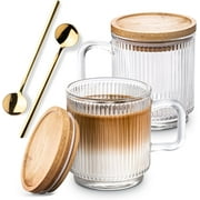 Combler Glass Coffee Mugs, Espresso Cups for Coffee Bar Accessories, Clear Coffee Mug Set of 2, 11oz Glass Coffee Cups with Lids and Spoon, Cute Ribbed Glassware Set for Latte, Cappuccino, Tea, Gift