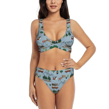Zeuib Camping Caravan High Waisted Tummy Control Bikini Set - Knot Front Push Up Top & Cheeky Thong Bottom  Two-Piece Swimsuit for Women-Small