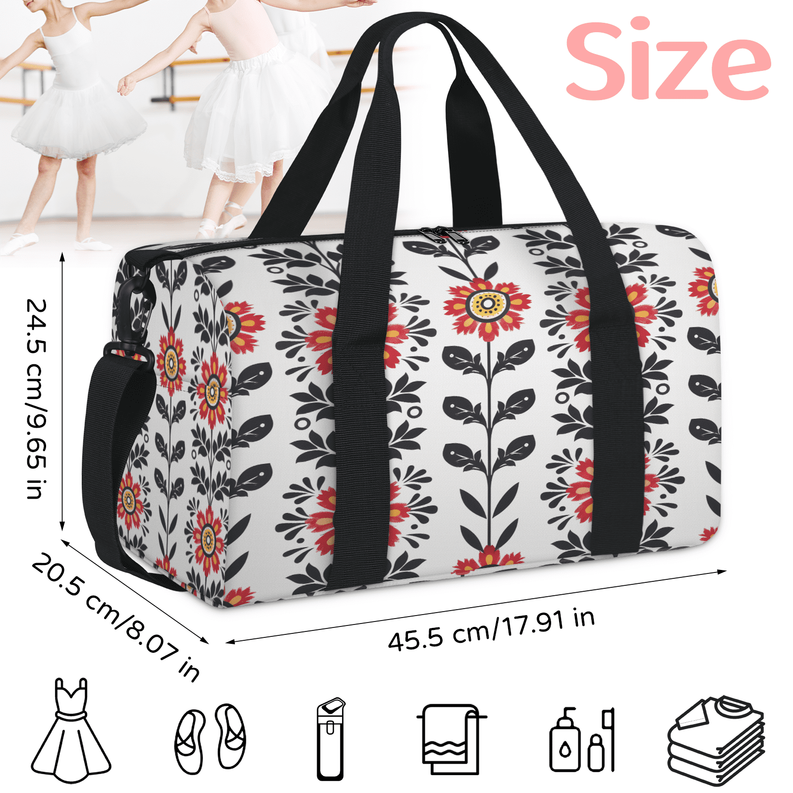 Herdesigns Flower Gym Bag for Women, Duffle Bag for Travel Sport, Vintage Retro Floral Plant Lightweight Waterproof Carry on Weekender Dance Yoga Workout Bags