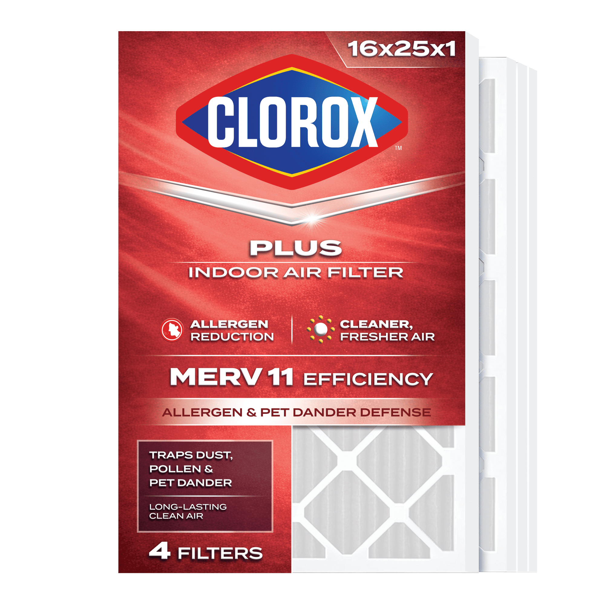 Clorox 16x25x1 Air Filter MERV 11 Allergen Defense HVAC Furnace Filters, MPR 1000 & FPR 7, 4 Count