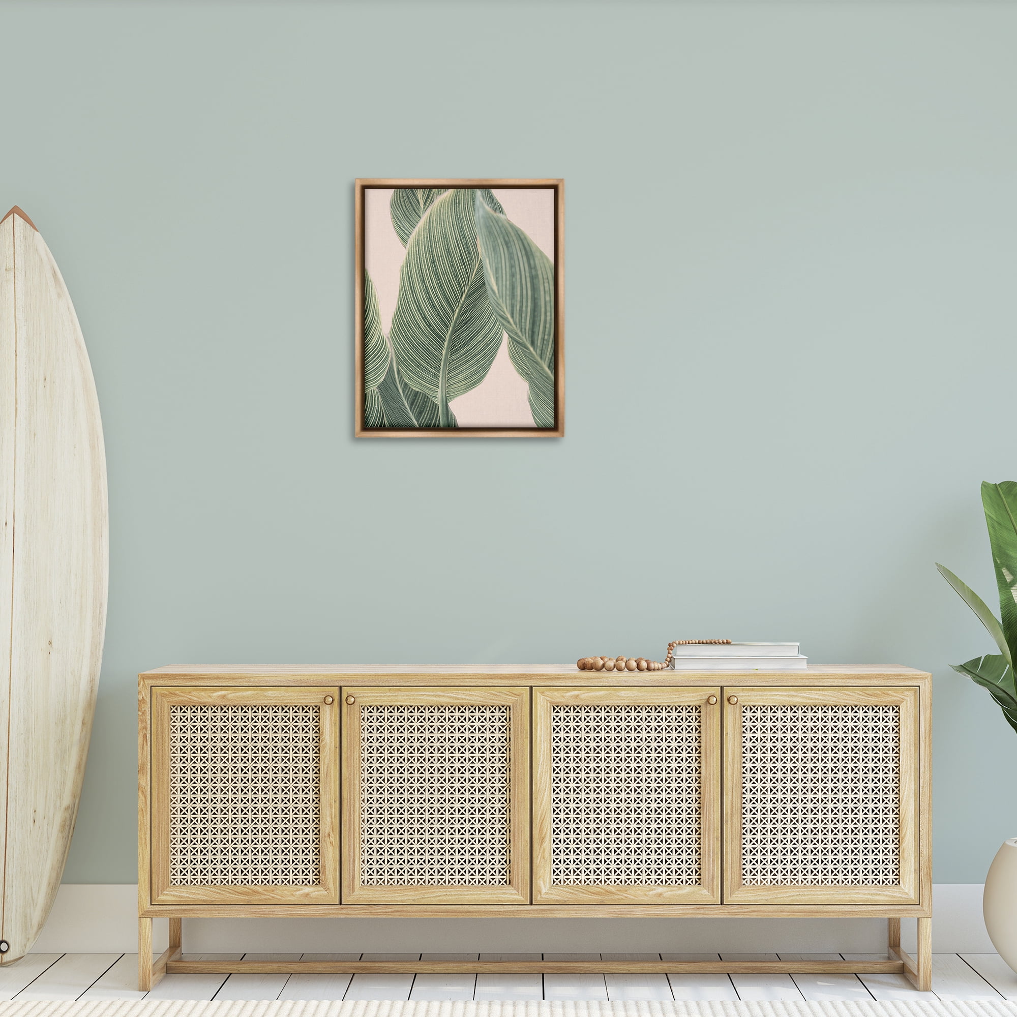 Stupell Industries Curled Green Leaves Plants & Flowers Painting Brown Floater Framed Canvas Art Print Wall Art, 25 x 31