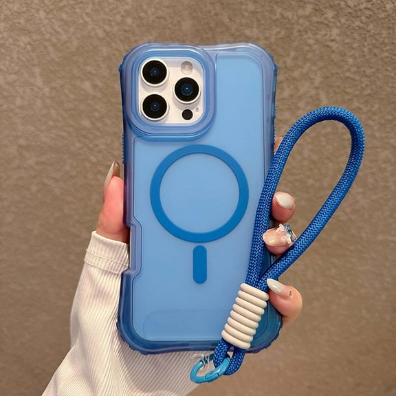 Rugged Phone Case For iPhone 16,Compatible with Mag-Safe,with Wrist Strap,3-in-1 Heavy Duty Protection,Shockproof Anti-drop Matte translucence Rugged Anti-Scratch Phone Case,Darkblue
