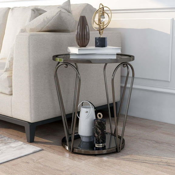 Furniture of America Ollis 1-Shelf Glass Top and Metal Black Nickel End Table