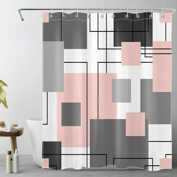 Black and White Geometric Shower Curtain Decor, Abstract Mid Century Grey and Pink Shower Curtains for Bathroom 84X72 inch Polyester Fabric Bathroom Decoration Bath Curtains Hooks Included