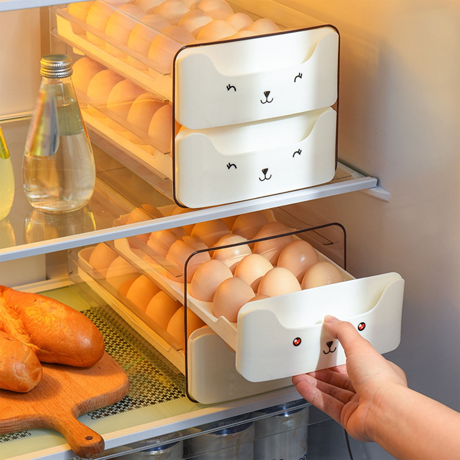 Egg Storage Double Layer Drawer Type Egg Box, Transparent Egg Container Shelf Saving Kitchen Egg Storage Box Multifunctional Egg Storage Container Drawer Bins[White]