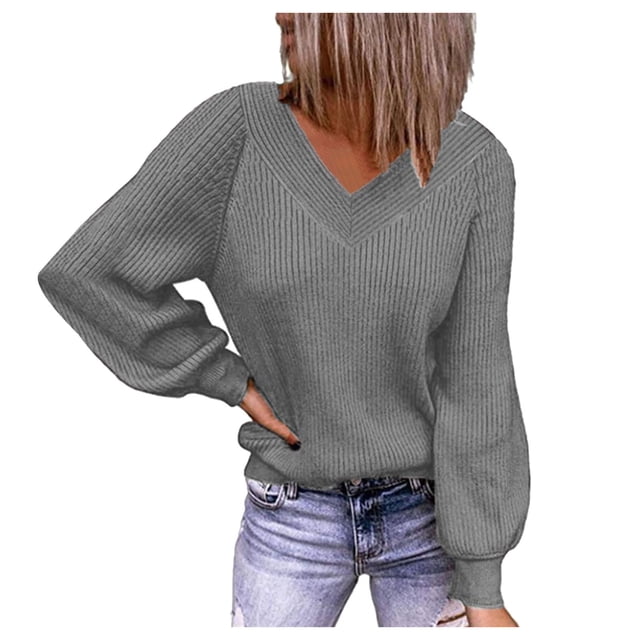Gibobby Casual Suéter para Mujer, Suéter Informal con Cuello en V Suéter pulóver para Mujer(Gris,CH)