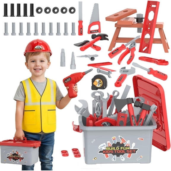 58-Piece Kids Tool Set with Toy Power Drill, Construction Vest, Helmet and Tool Box, STEM Pretend Play Construction Toy Kit for Toddlers Ages 3-8