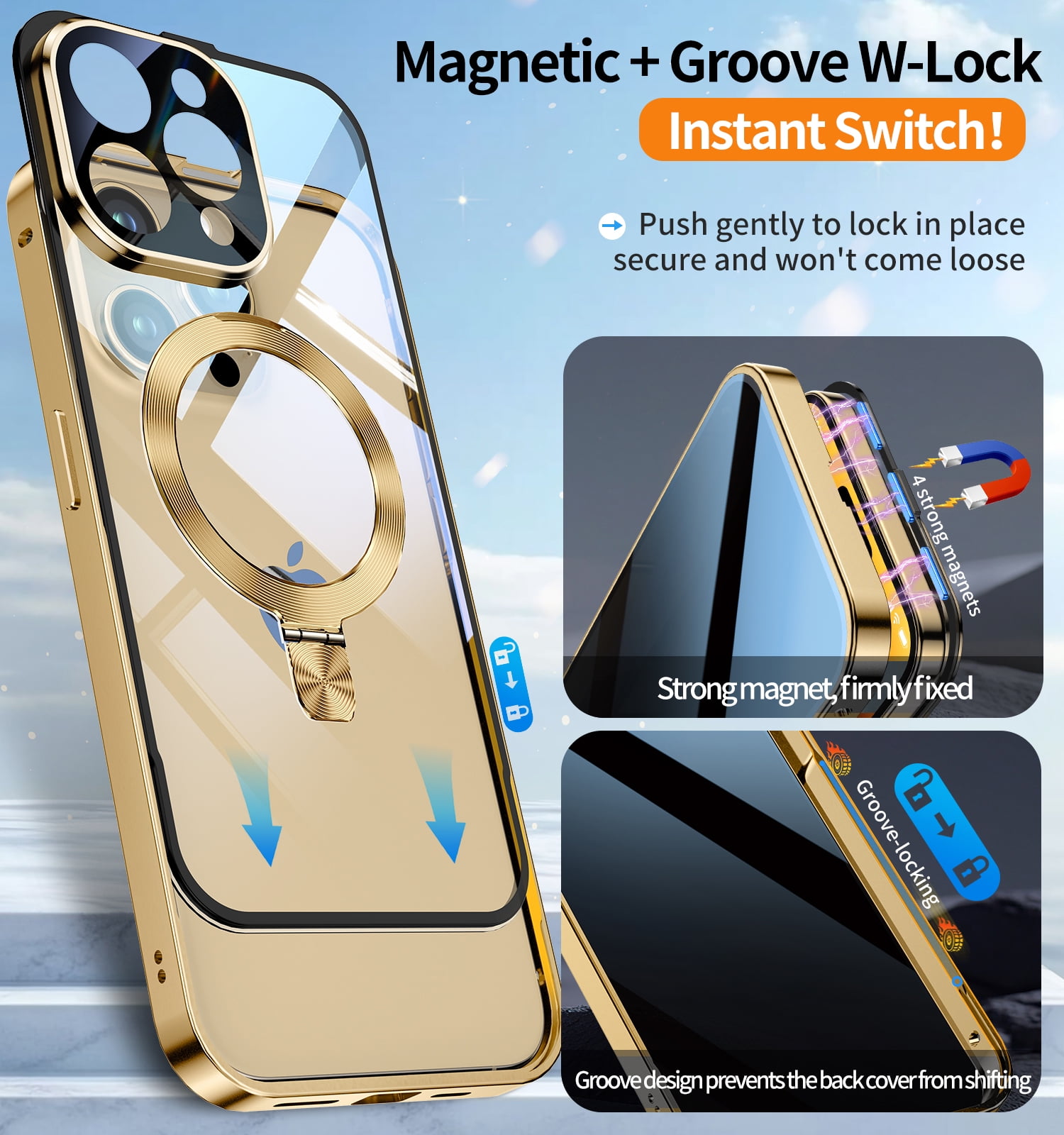 JETeacka iPhone 14 Pro Max Auto Lock Case Privacy Screen Protector Magnetic Stand MagSafe Compatible Heavy Duty Full-Body Shockproof Cover-Luxury Gold