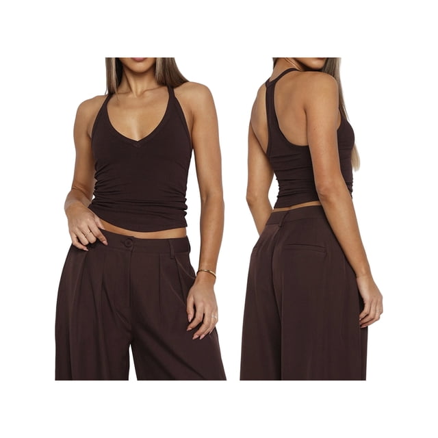 Women'S Spaghetti Strap V-Neck Ribbed Tank Tops for Women Slim Fitted Camisole Basic Shirts Chocolate M