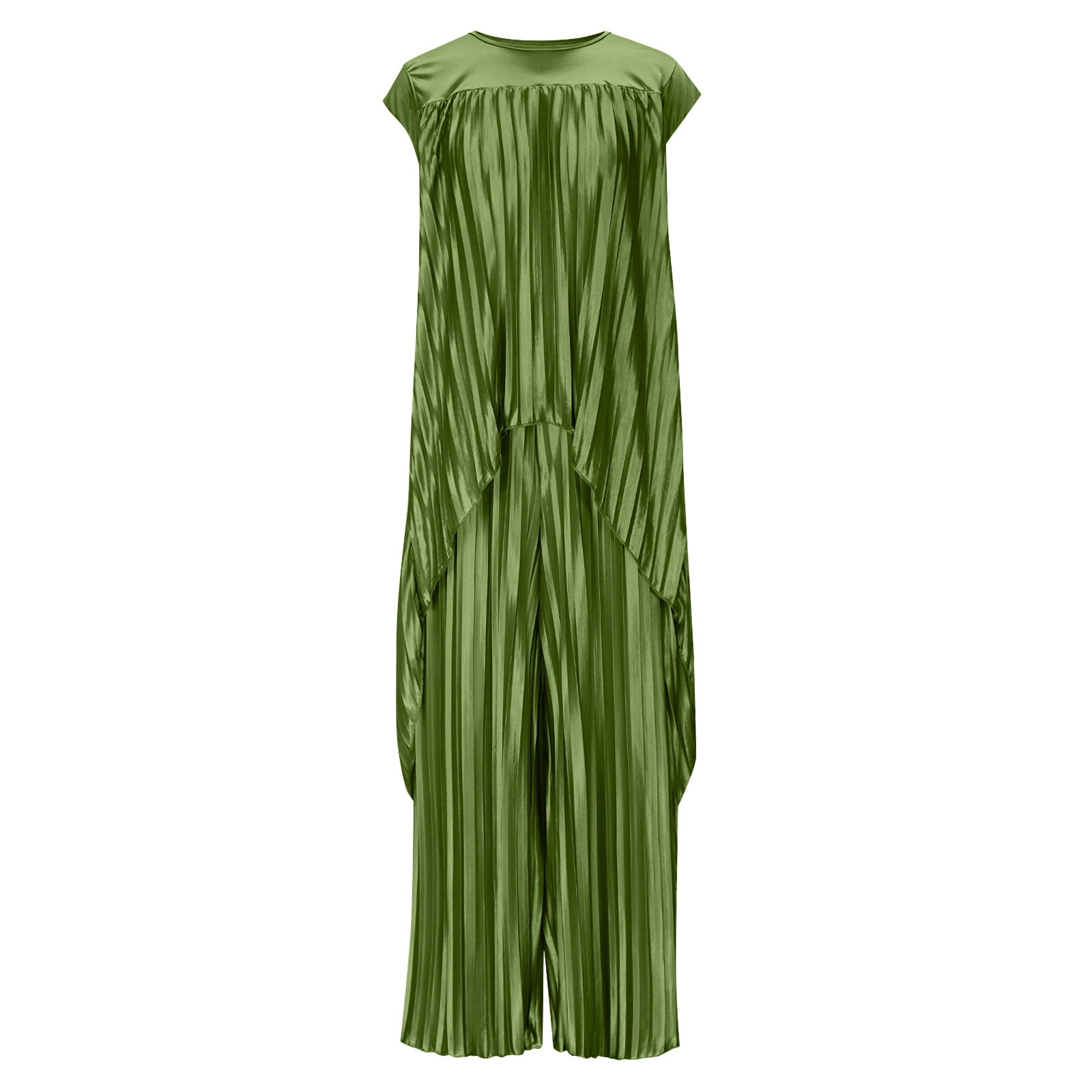 2 Piece Outfits for Women Dressy Pleated Wide Leg Pants Set - Asymmetric Hem Loose Tunic Tops Matching Lounge Sets