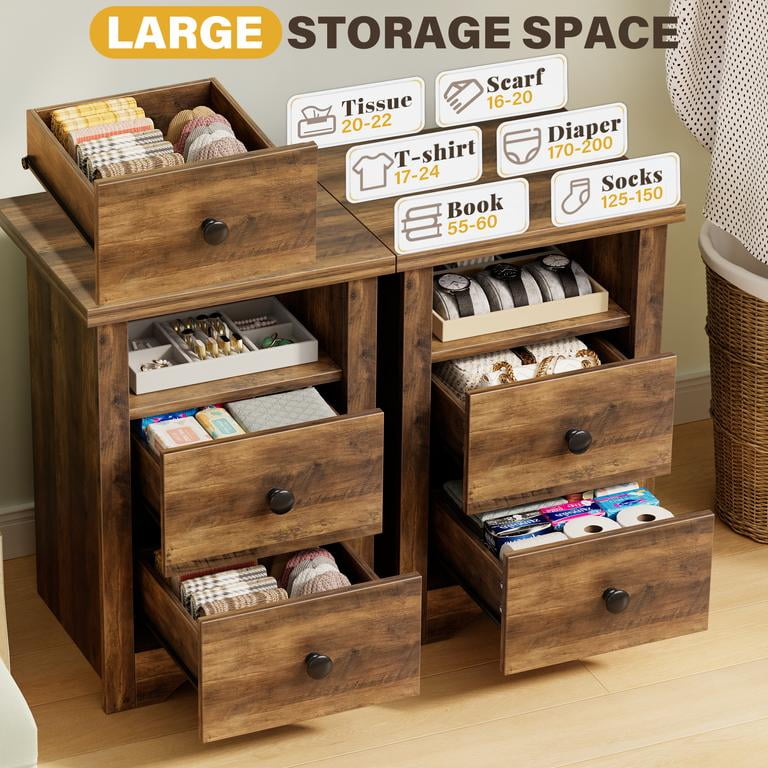Lacoo End Table Set of 2 with 2 Drawers & Open Shelf, Nightstand for Bedroom Wood Side Table for Living Room, Warm Amber