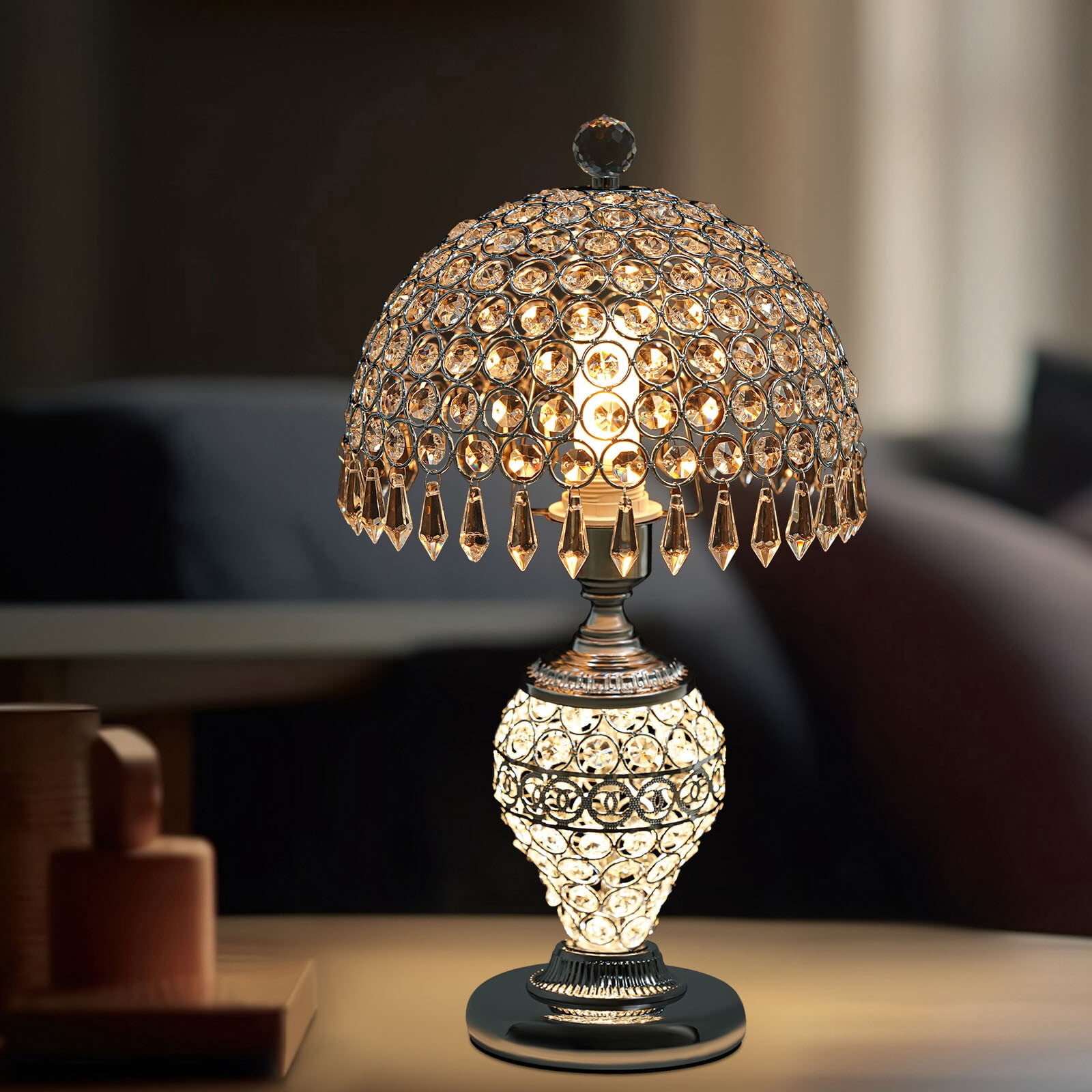 Silver Crystal Table Lamp Vintage Bedroom Nightstand Lamp Deluxe Bedside Lamp for Studies, Living Rooms