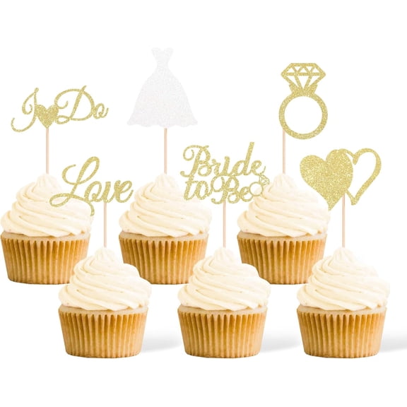 Gold & White Glitter Bride To Be Cupcake Toppers, 12PCS I Do Love Diamond Ring Cupcake Picks for Bachelorette Bridal Shower Party Cake Decorations