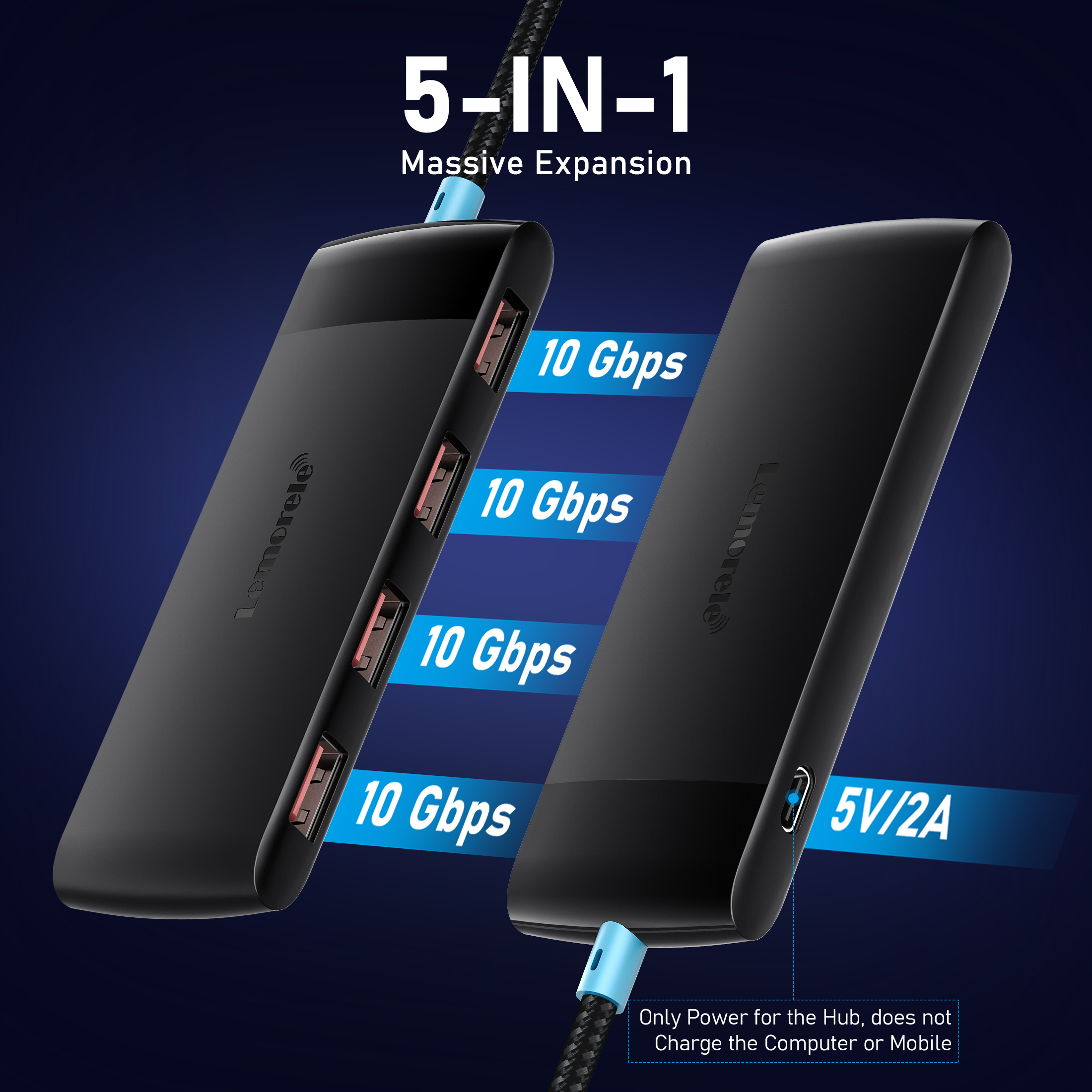 Lemorele 5-in-1 USB C Hub, 4 USB Type-A 3.2 Gen 2  10Gbps, USB Adapter Plug and Play,60CM Cable Length