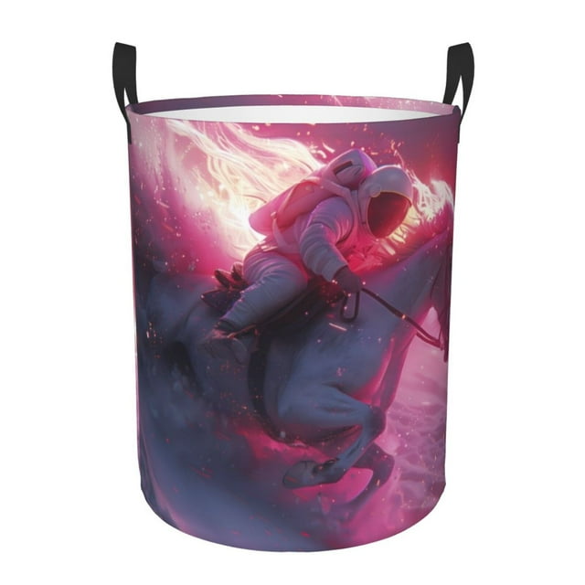 Balery Astronaut Riding Fiery Horse Cesta de ropa redonda con asas, impermeable, independiente, para ropa, juguetes, dormitorio y familia-Small