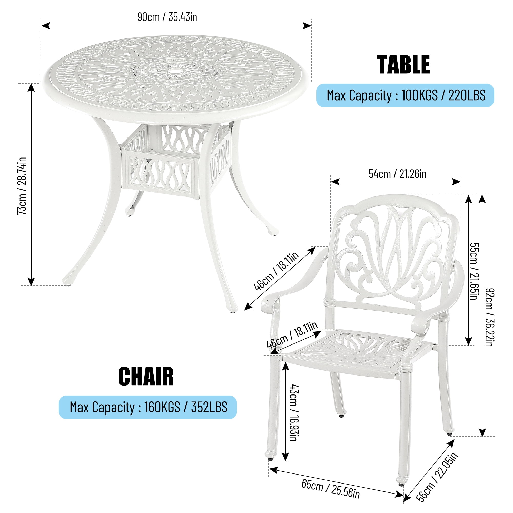 Kadyn 5PCS Outdoor Furniture Dining Table Set, All-Weather Cast Aluminum Patio Furniturev with 1 Round Table, 4 Chairs and Umbrella Hole, Outside Patio Table and Chairs for Patio Garden Deck, White Kadyn 5PCS Outdoor Furniture Dining Table Set, All-Weather Cast Aluminum Patio Furniturev with 1 Round Table, 4 Chairs and Umbrella Hole, Outside Patio Table and Chairs for Patio Garden Deck, White