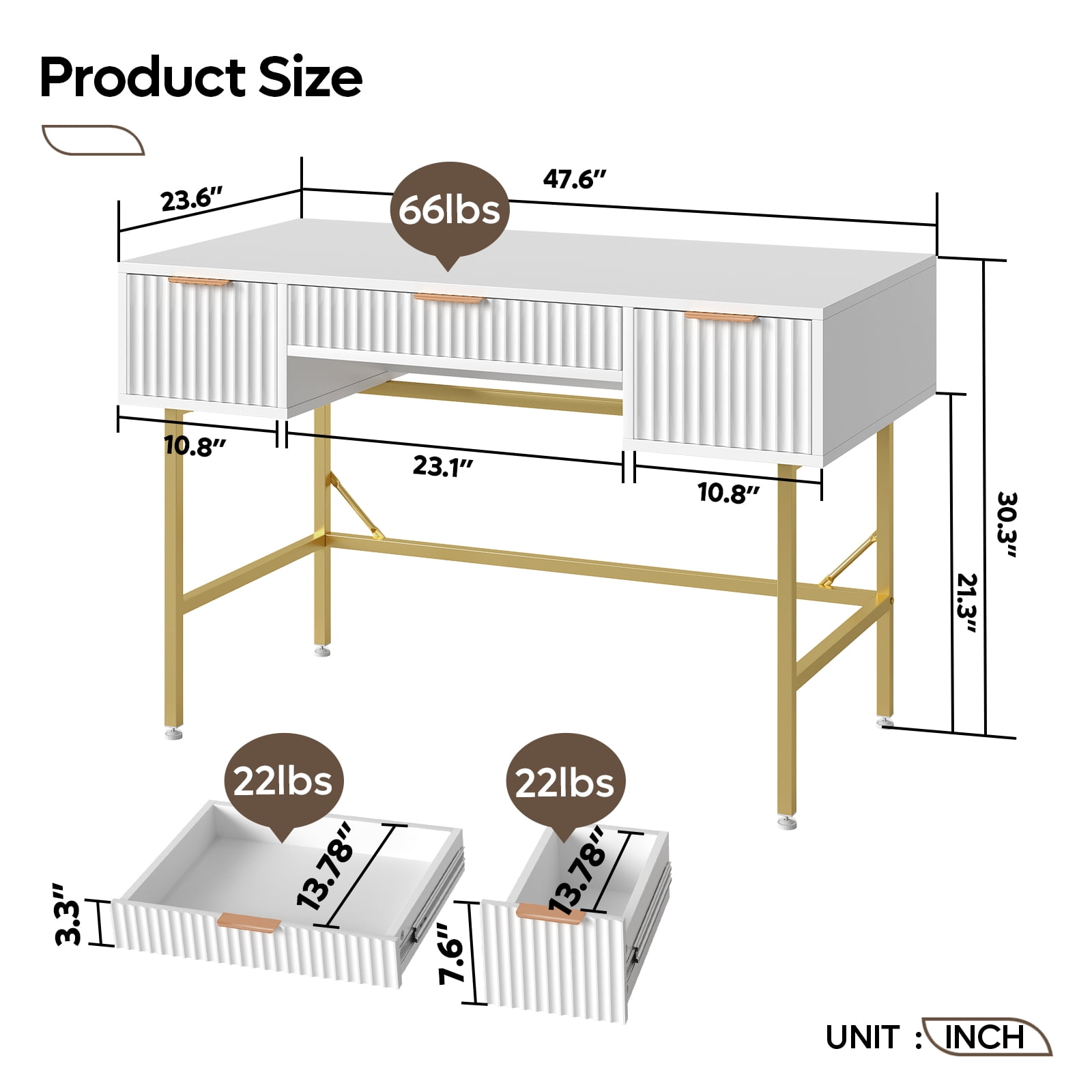 Bestier 47.6" Fluted Vanity Makeup Desk, Big Computer Writing Desk with 3 Drawers, White & Gold