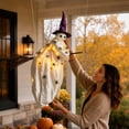 thumbnail image 2 of Lighted Flying Ghost Decor 35 Inch, Hanging Ghost Riding Broom with Purple Witch Hat, Waterproof LED Halloween Sign for Front Door, 1 Pack, 2 of 3