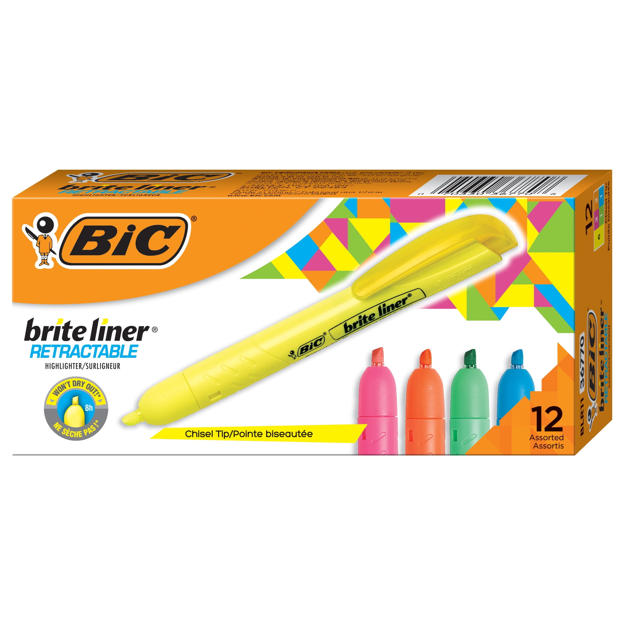 BIC Brite Liner Retractable Highlighter, Chisel Tip, Assorted Colors, 12 Count