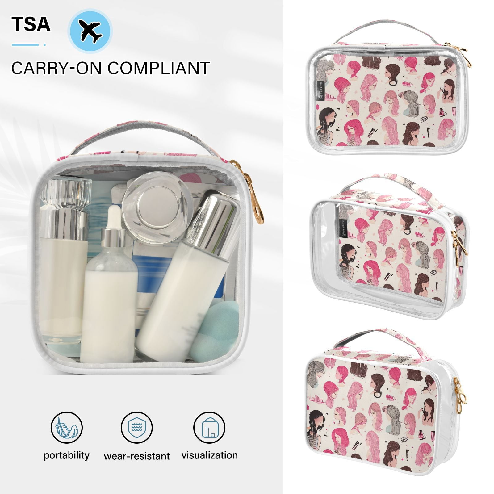 Clear Makeup Bags with Handle Large Opening 2 Pack Set Toiletry Bag Quart Size Bag, for Women Man Traveling Travel Essentials, Toiletries and Other. Girl Salon Pink
